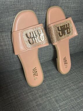 Zara Blush Slide Sandals with Gold Glitter Logo Strap